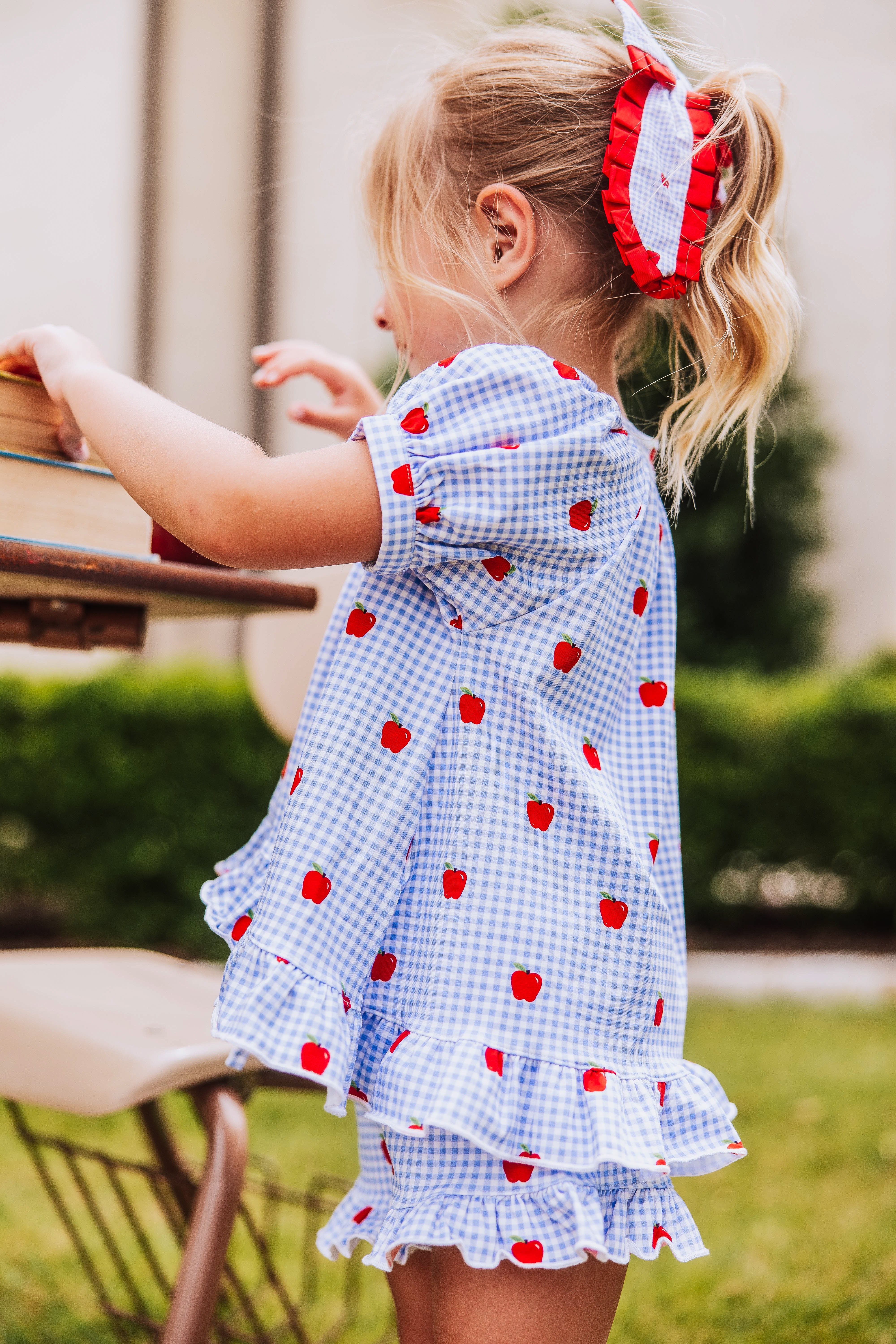 Flowy Ruffled Button Set - Apple Gingham Blue - Image 3