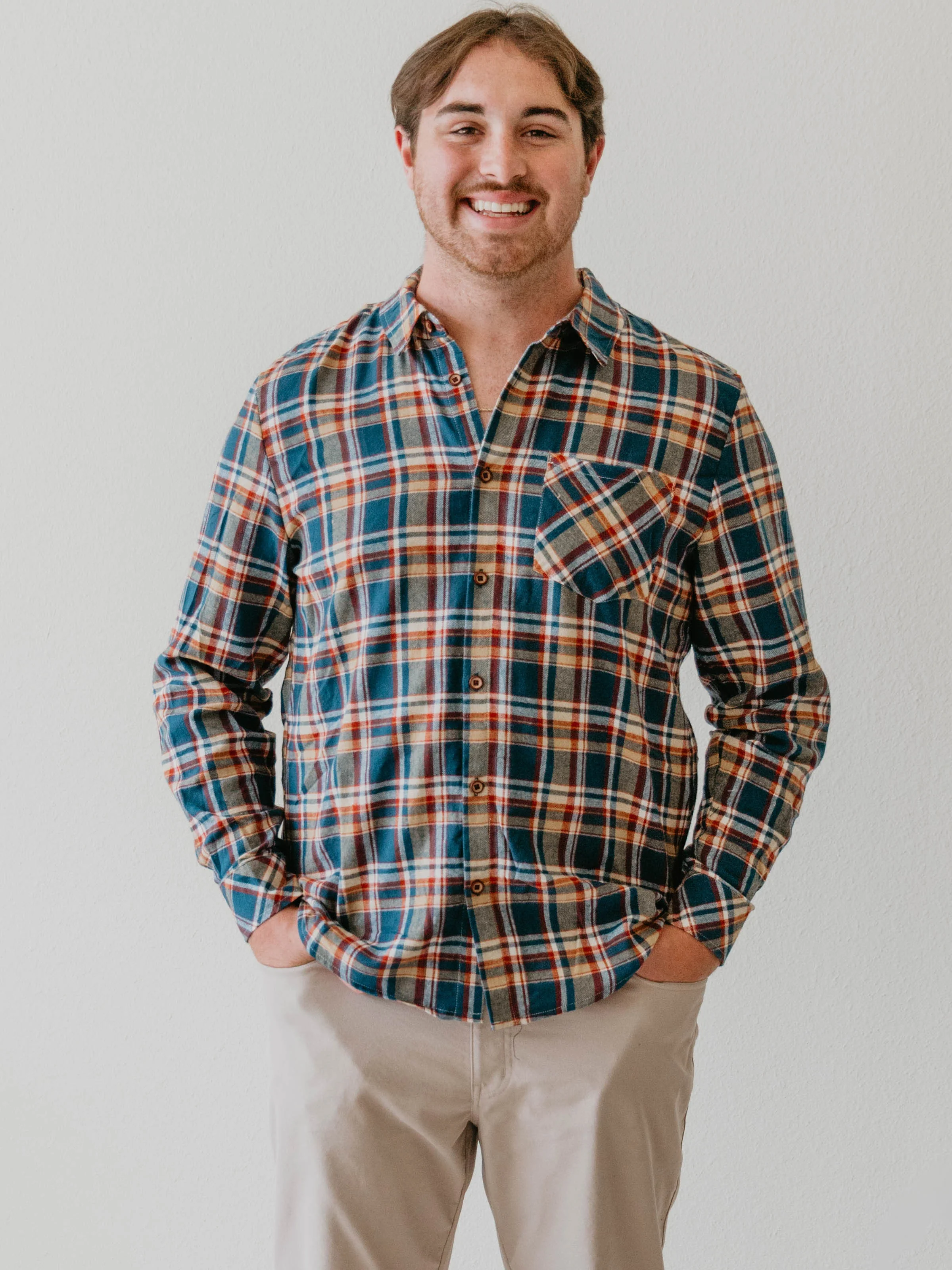 Men's Button Up Shirt - Navy Golden Plaid - Image 3