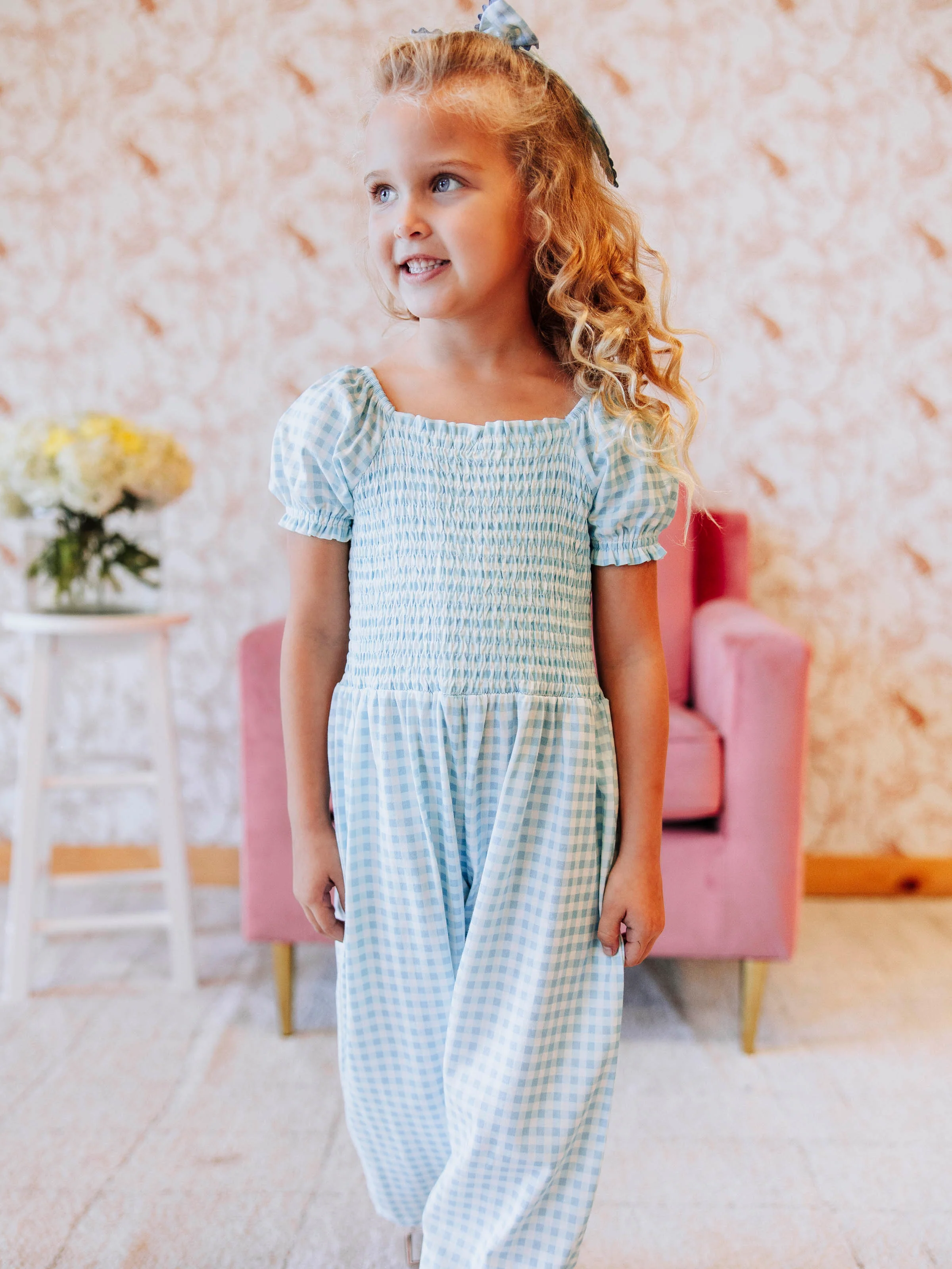Smocked Romper - Blue Gingham - Image 3