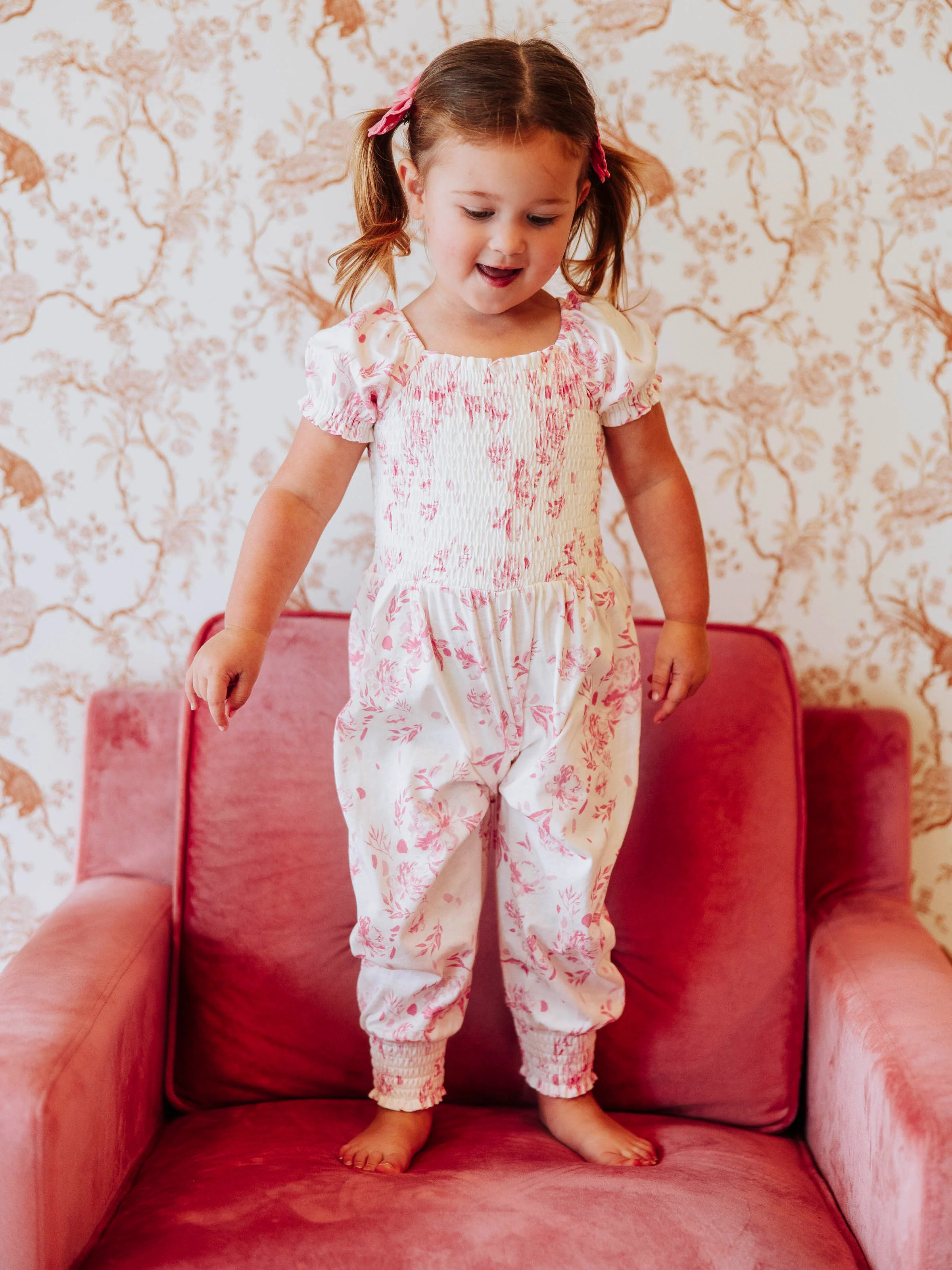 Smocked Romper - Falling Pink Petals - Image 5