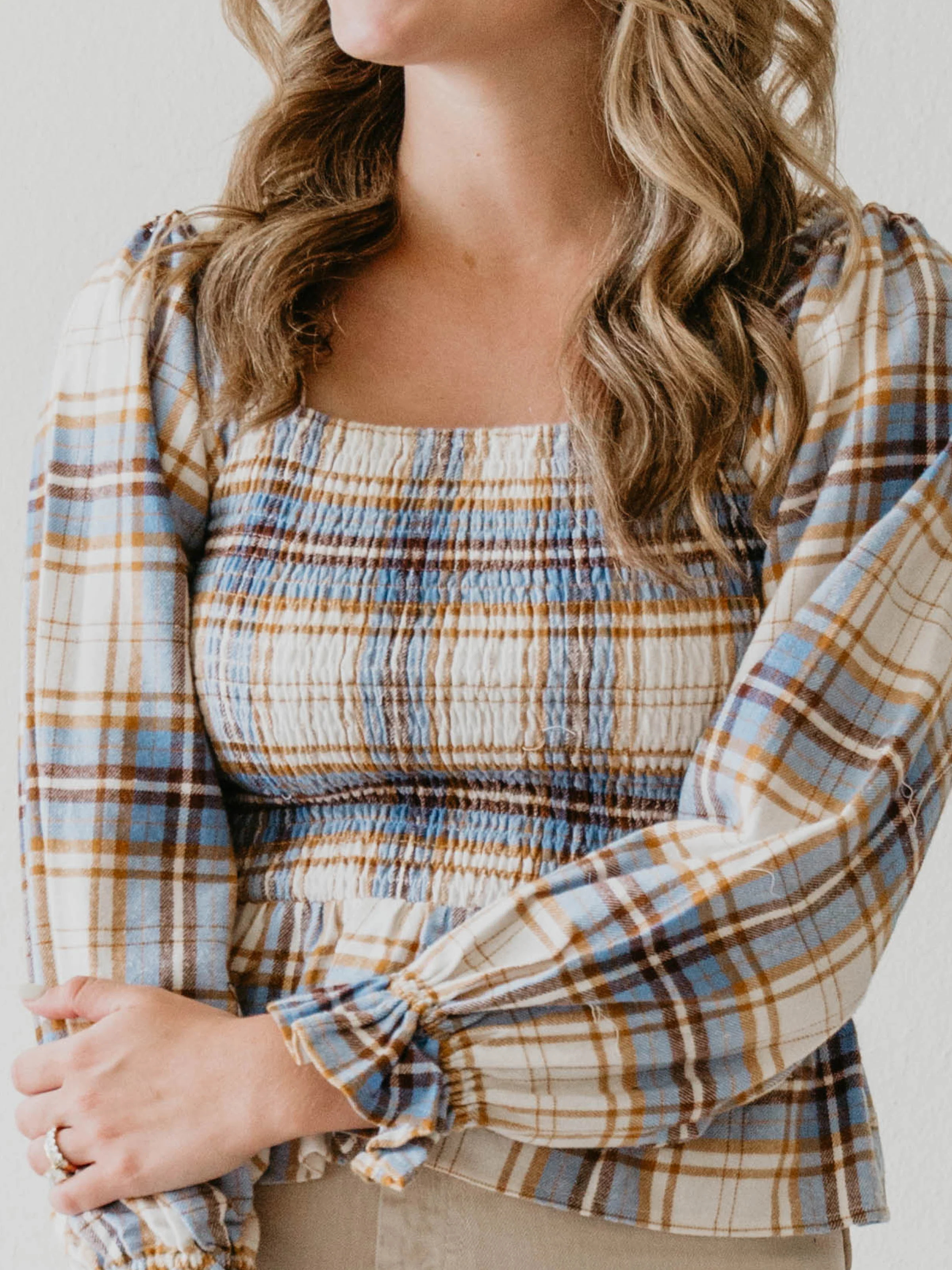 Women's Peplum Blouse - Blue Stone Plaid - Image 3