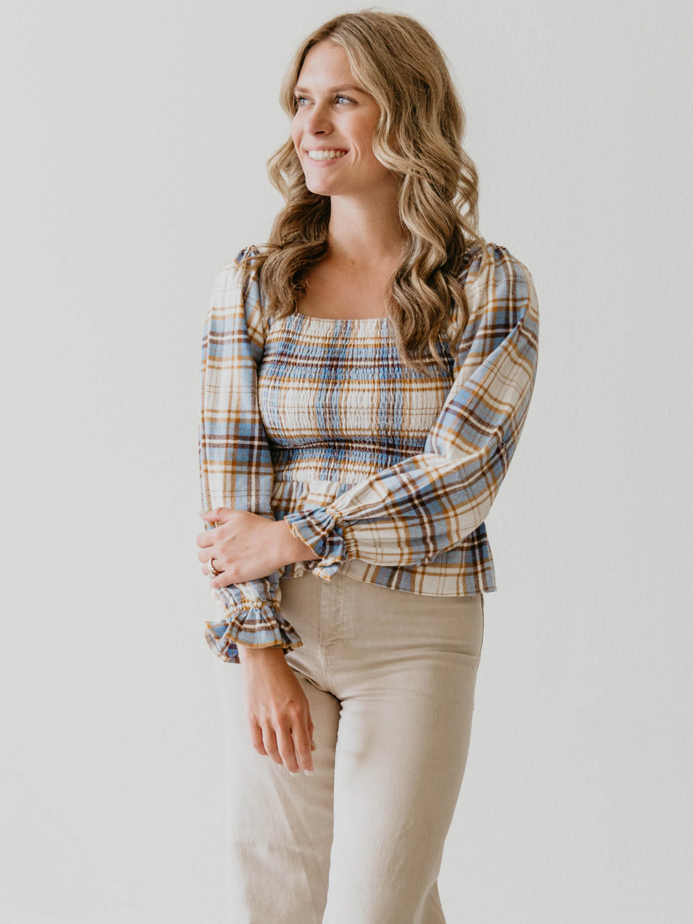 Women's Peplum Blouse - Blue Stone Plaid - Image 7